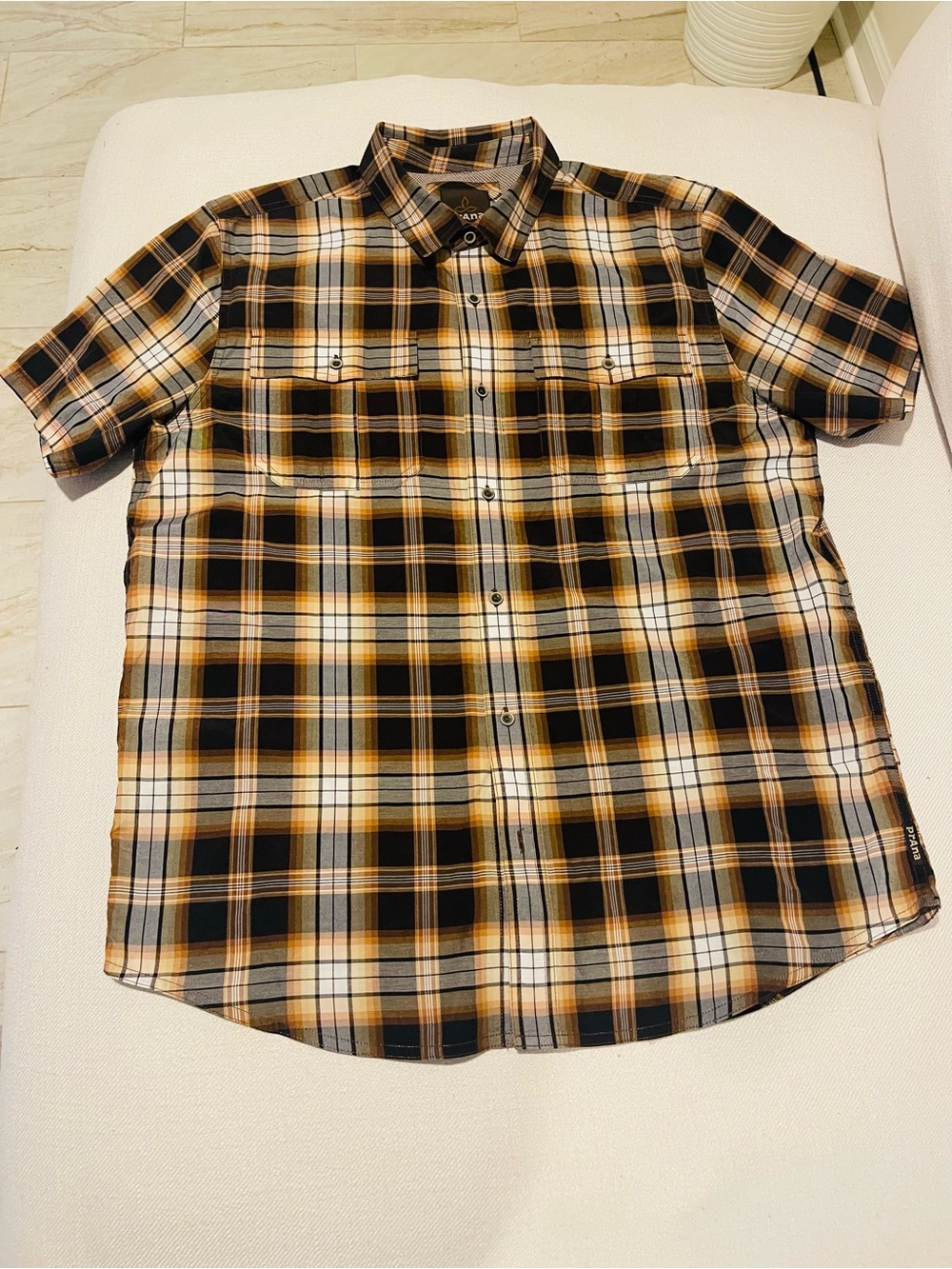 Men’s PrAna Short Sleeve Button Up Brown Plaid Shirt  Organic Cotton Size Large